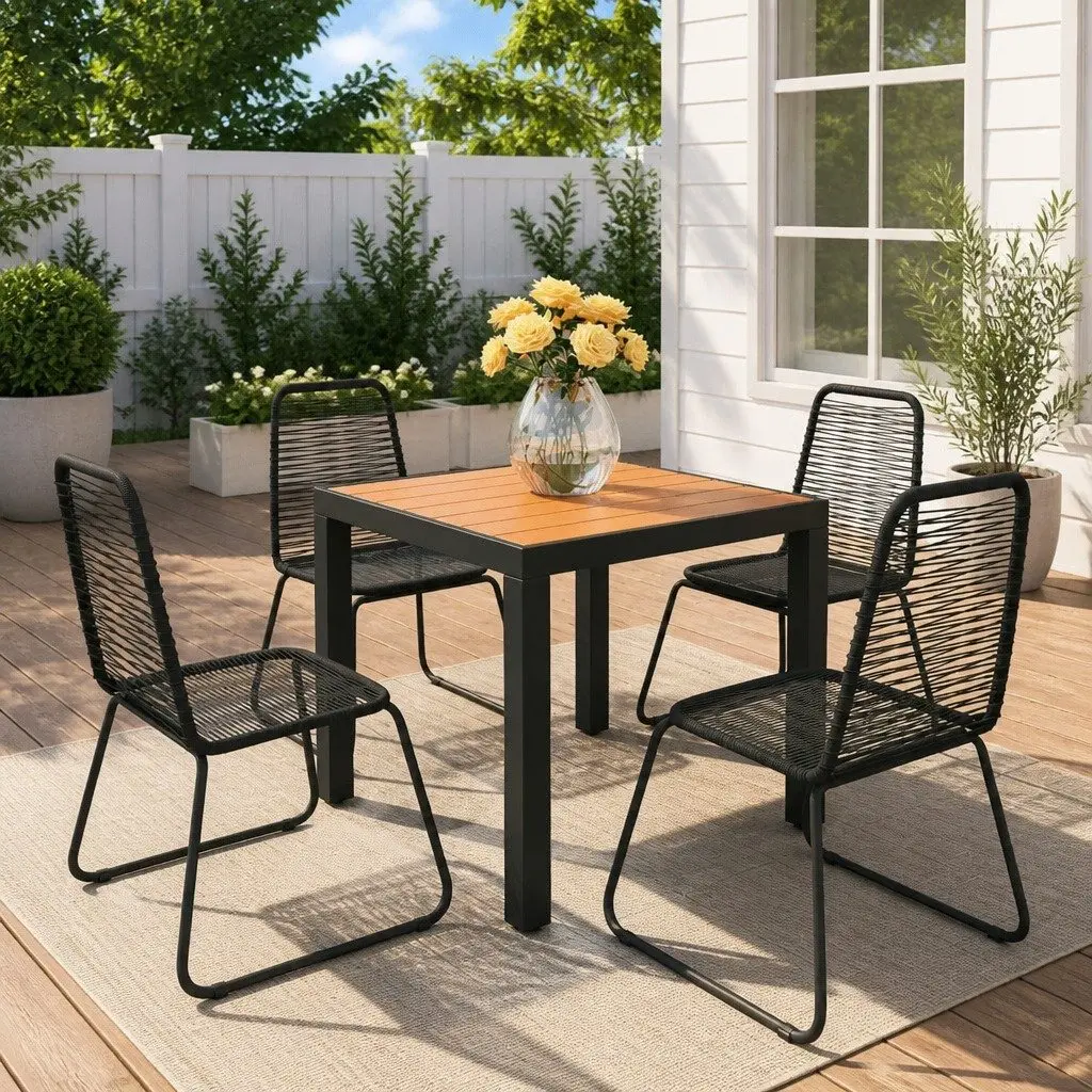5 Piece Outdoor Dining Set PVC Rattan Aluminium WPC Table Black