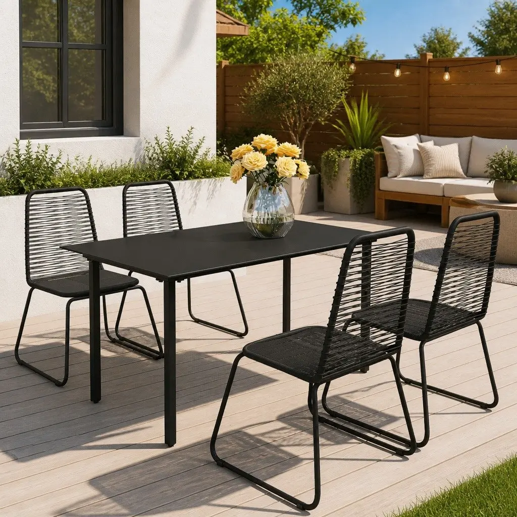 5 Piece Outdoor Dining Set PVC Rattan Steel Black Garden Patio Furniture