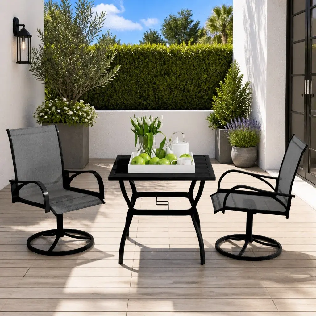 3 Piece Garden Furniture Set Grey Textilene Chairs Steel Frame Outdoor Dining