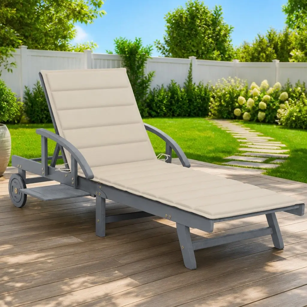 Sun Lounger Solid Acacia Wood Grey Wash Adjustable Backrest Cushion with Wheels