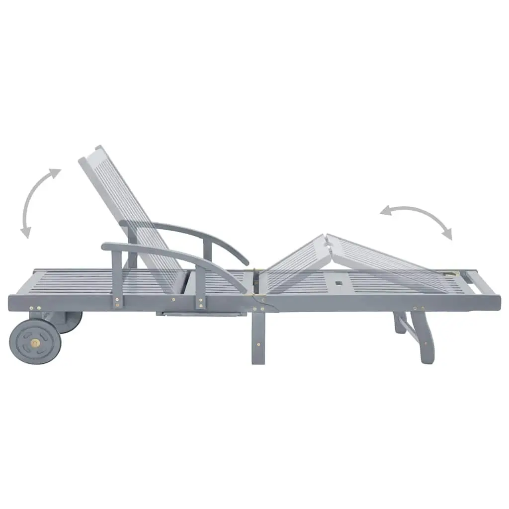 Sun Lounger Solid Acacia Wood Grey Wash Adjustable Backrest Cushion with Wheels