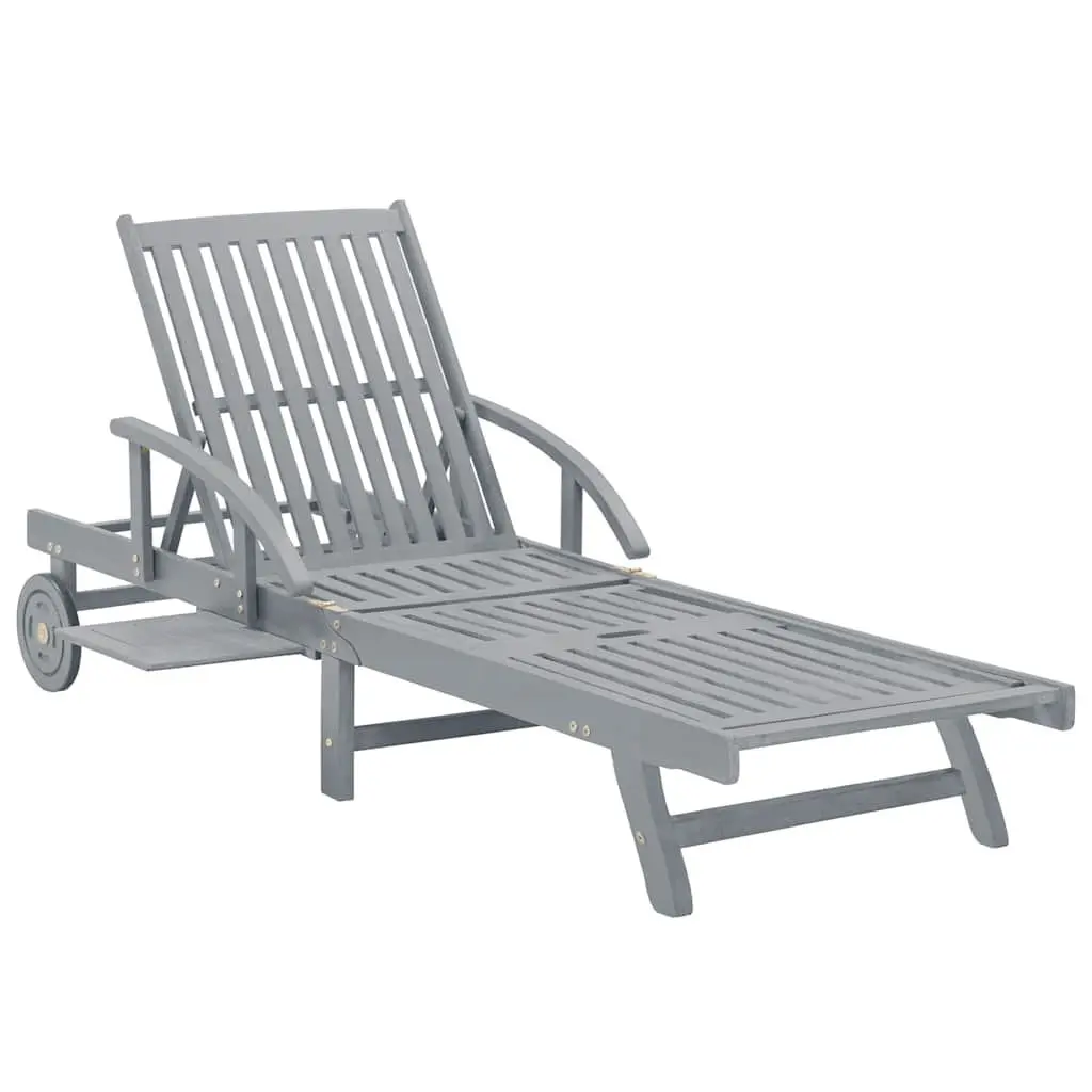 Sun Lounger Solid Acacia Wood Grey Wash Adjustable Backrest Cushion with Wheels