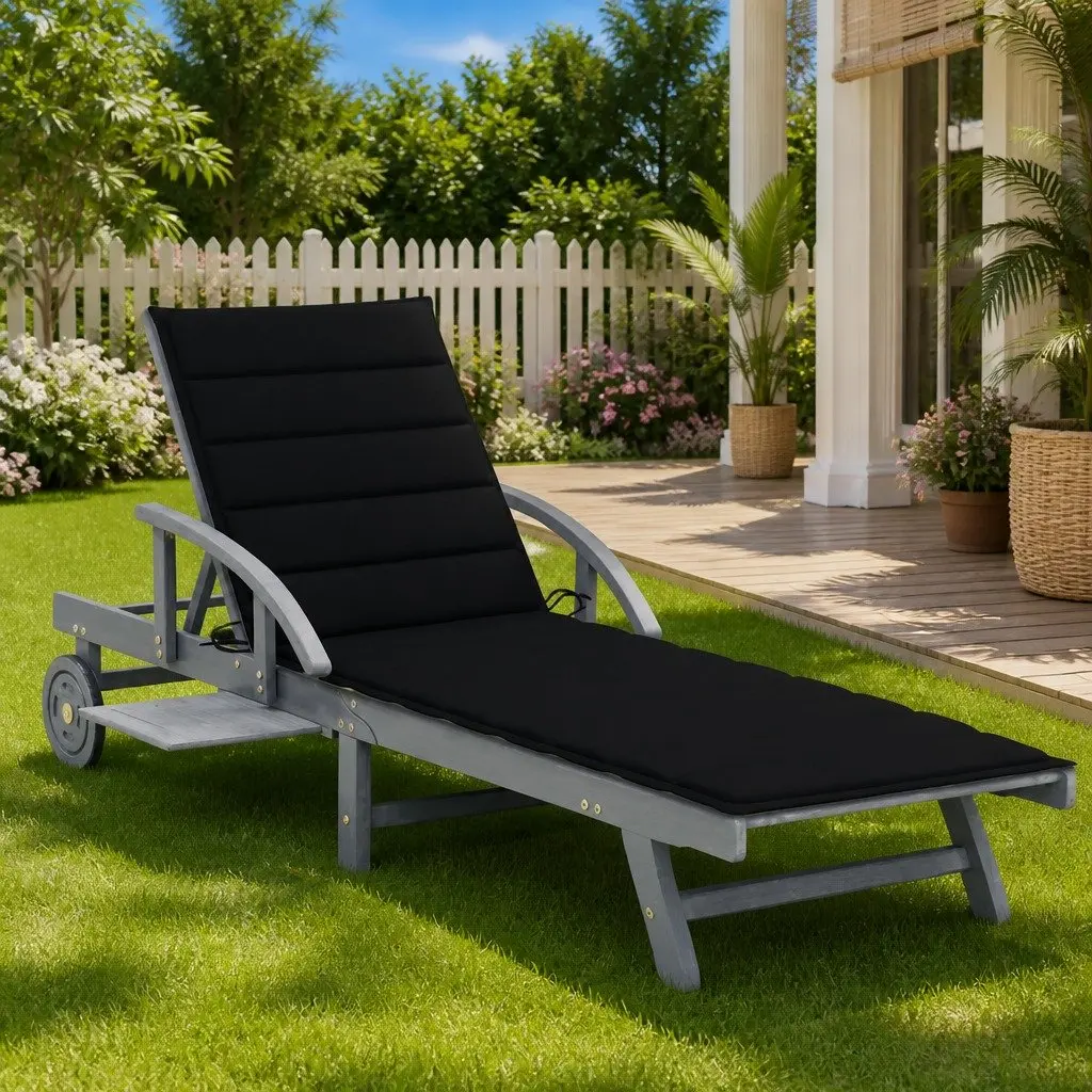 Wooden Sun Lounger Solid Acacia Wood Adjustable Backrest Grey