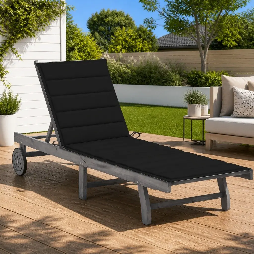 Sun Lounger Solid Acacia Wood Adjustable Backrest Wheels Cushion Grey