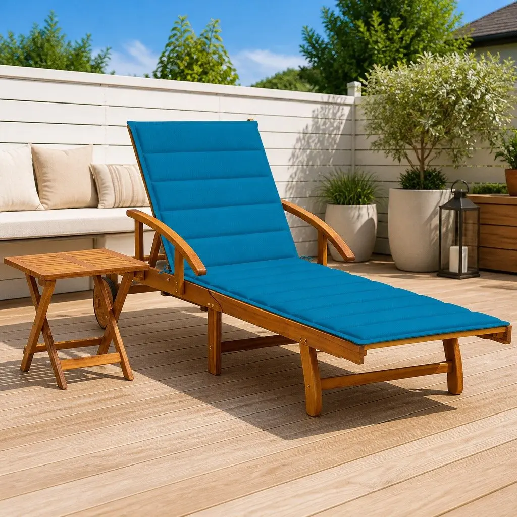 Sun Lounger Acacia Wood Adjustable Backrest Wheels Blue