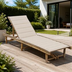 Bamboo Sun Lounger Garden Furniture with Adjustable Backrest Cushion Beige