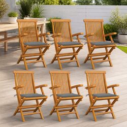 Set of 6 Outdoor Wooden Garden Chairs with Grey Cushions