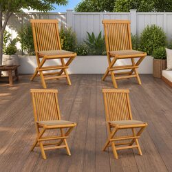 Set of 4 Folding Teak Wood Garden Chairs with Cushions