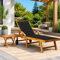 Sun Lounger with Side Table Adjustable Backrest 2 Wheels Outdoor Lounge Chair