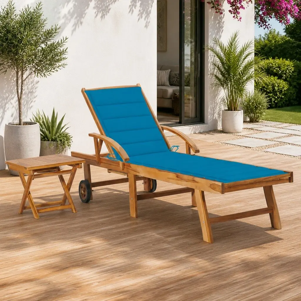 Sun Lounger Solid Teak Wood Blue Adjustable Reclining with Side Table and Cushion
