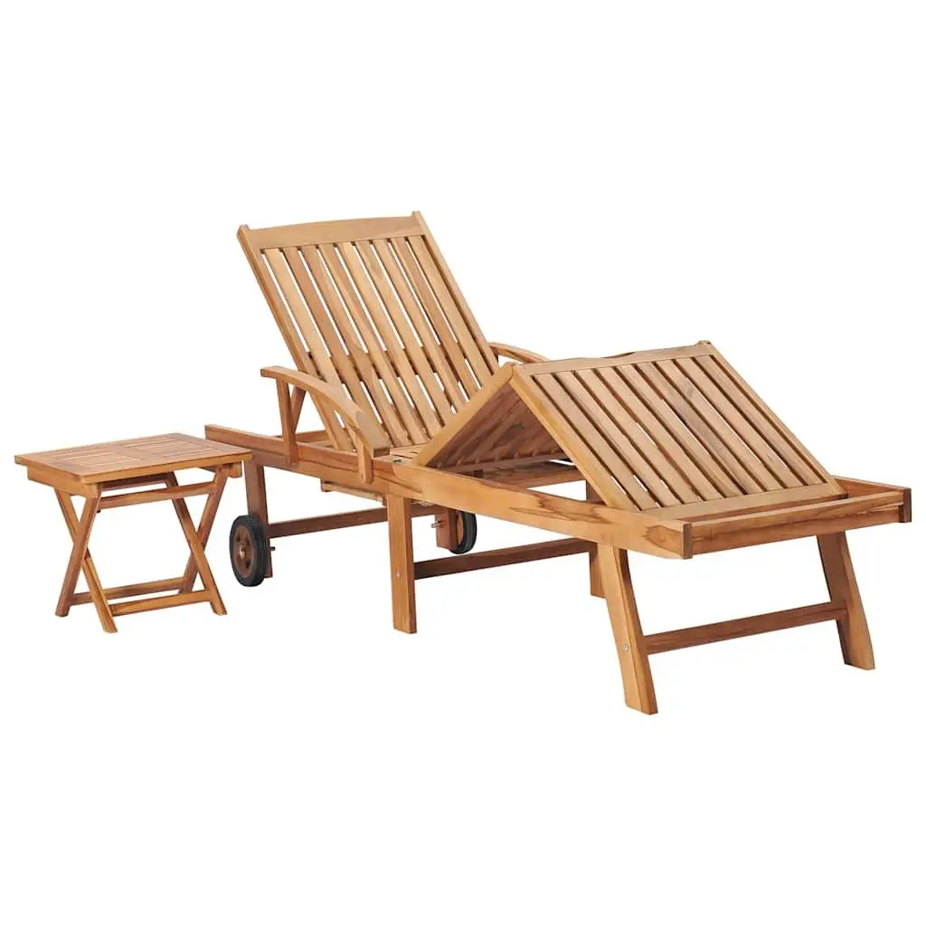 Sun Lounger Solid Teak Wood Blue Adjustable Reclining with Side Table and Cushion