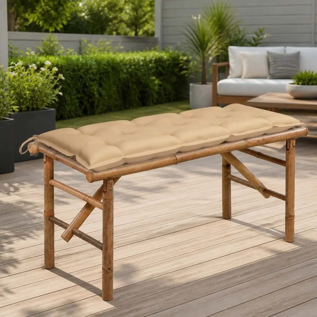 Folding Bamboo Garden Bench 118cm Outdoor Beige Cushion