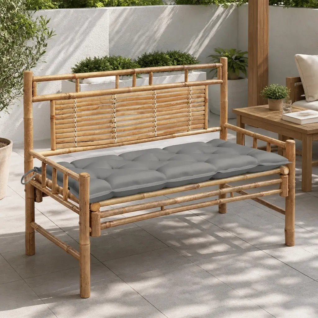 Bamboo Garden Bench 120cm with Grey Cushion