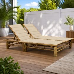 Beige Adjustable Reclining Bamboo Sun Lounger for Two