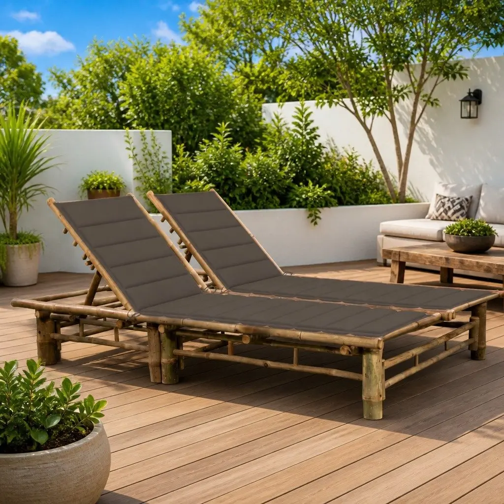 Sun Lounger Bamboo 2-Person Adjustable Backrest Cushions Taupe
