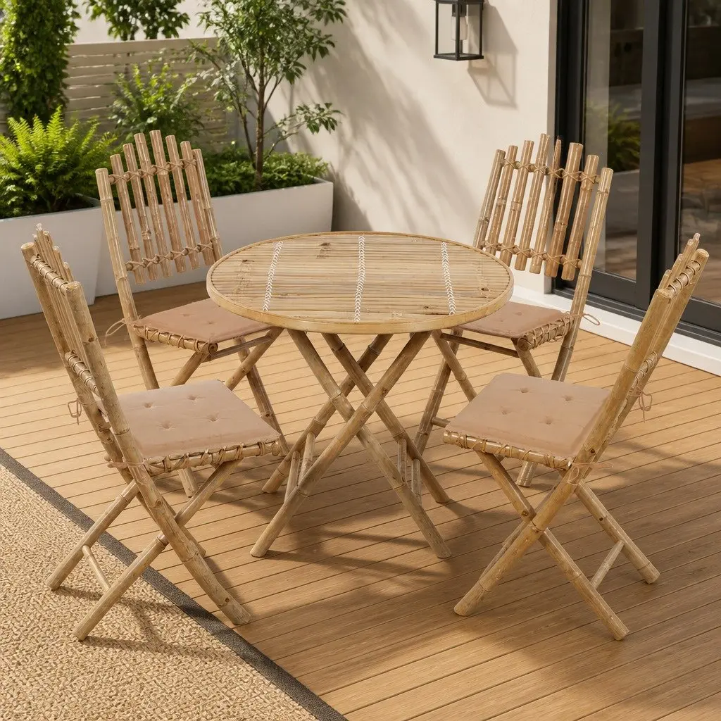 5-Piece Bamboo Folding Outdoor Dining Set with Cushions