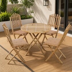 5-Piece Bamboo Folding Outdoor Dining Set with Cushions