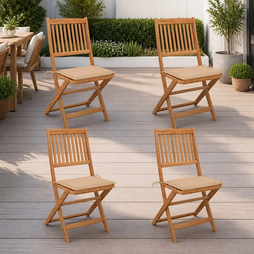 Beige Folding Garden Chairs 4 pcs Set with Cushions