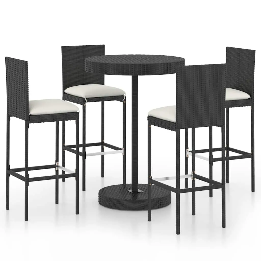5 Piece Garden Bar Set Poly Rattan Powder Coated Steel Outdoor Bar Table Stools Black