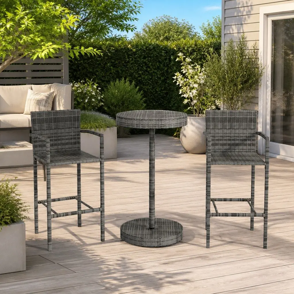 3 Piece Garden Bar Set Poly Rattan Outdoor Bar Table Stools Grey Patio Furniture