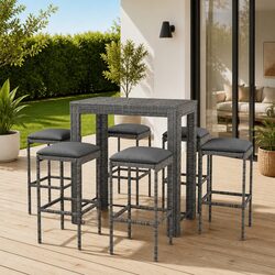 Sturdy 7 Piece Grey Rattan Garden Bar Set with Cushions