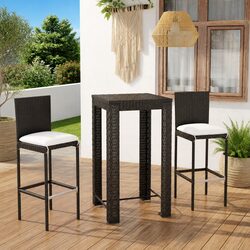 3 Piece Black Rattan Bar Set with Cushions for Outdoor Use