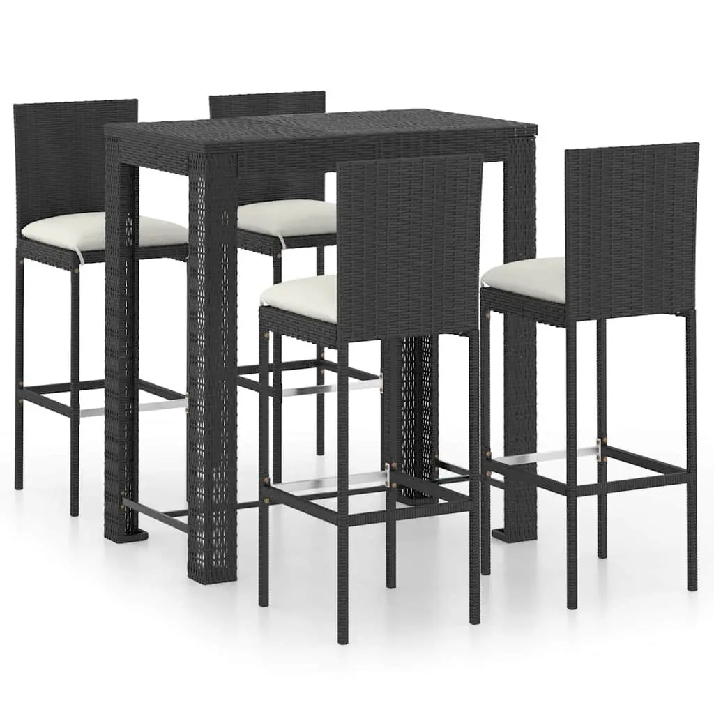 5 Piece Black Poly Rattan Outdoor Bar Set with Stools