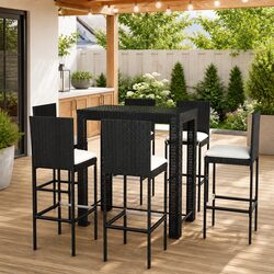 Durable 7 Piece Outdoor Bar Set with Cushions in Black