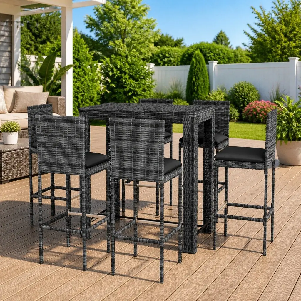 7 Piece Grey Poly Rattan Outdoor Bar Set