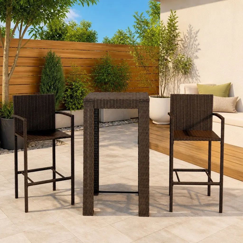 3 Piece Outdoor Bar Set with Armrests in Brown