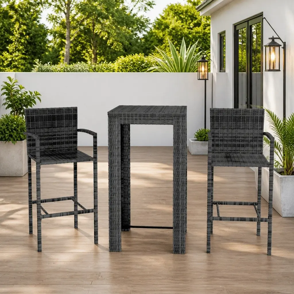 3-Piece Outdoor Bar Set with Grey Poly Rattan