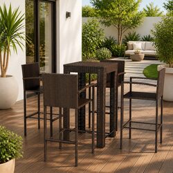 5 Piece Brown Rattan Outdoor Bar Set with Steel Stools
