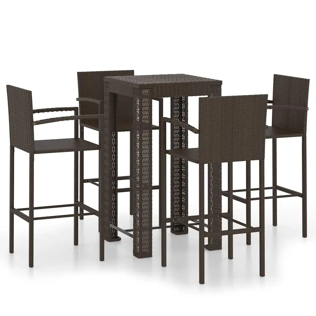 5 Piece Brown Rattan Outdoor Bar Set with Steel Stools