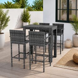 5 Piece Grey Poly Rattan Outdoor Bar Set with Stools