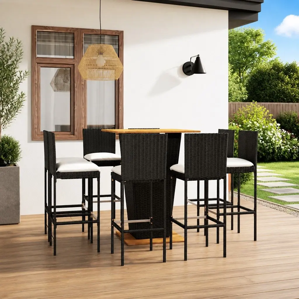 Garden Bar Set PE Rattan Steel Acacia Wood 9 Piece Outdoor Furniture Black