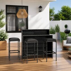 Garden Bar Set 4 Piece Outdoor Patio Furniture with Cushions Grey Rattan Stools