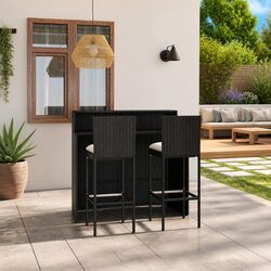 Premium 3 Piece Garden Bar Set with Cushions - Black