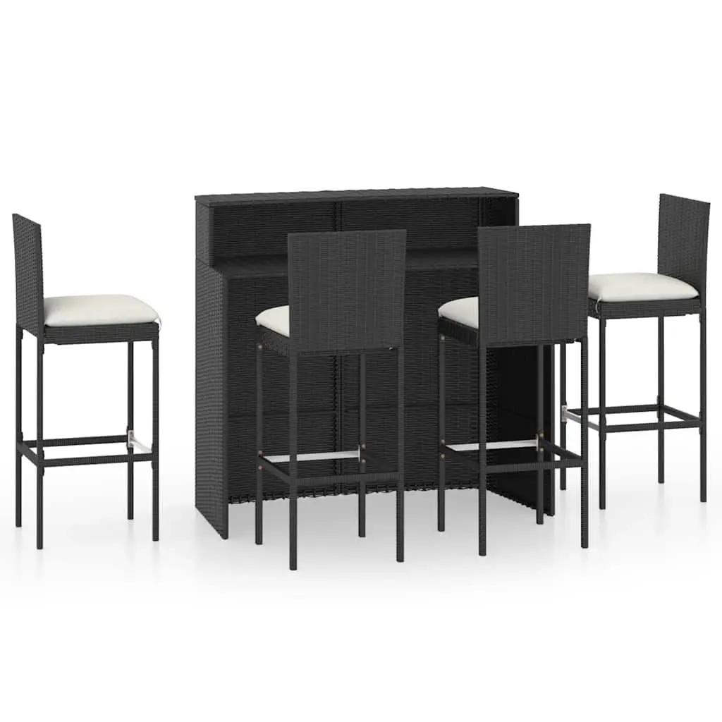 Garden Bar Set PE Rattan 5 Piece Outdoor Furniture Black Patio Table Stools with Cushions