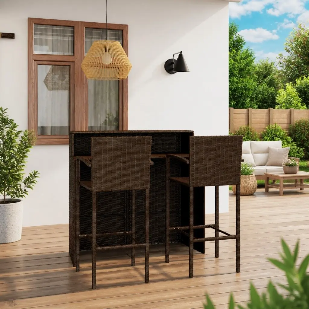 3 Piece Garden Bar Set PE Rattan Brown Steel Frame
