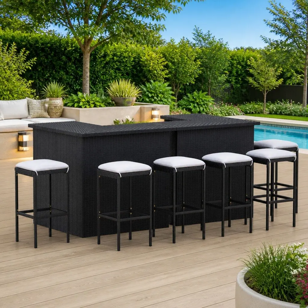 Garden Bar Set PE Rattan 8 Piece Outdoor Patio Furniture Black