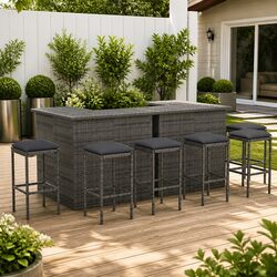 8 Piece Garden Bar Set with Cushions - Durable Grey Rattan