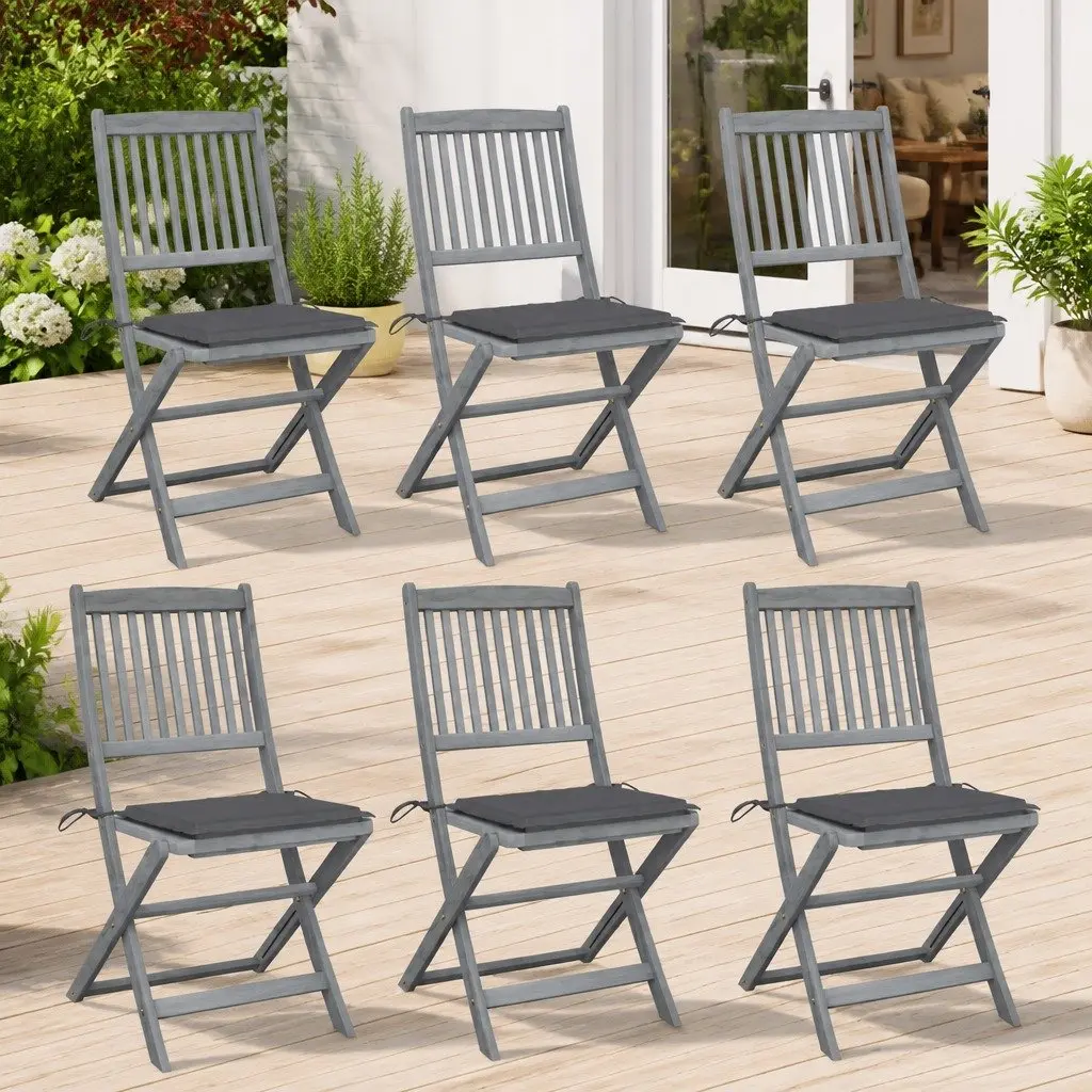 Set of 6 Folding Outdoor Dining Chairs with Cushions in Solid Wood