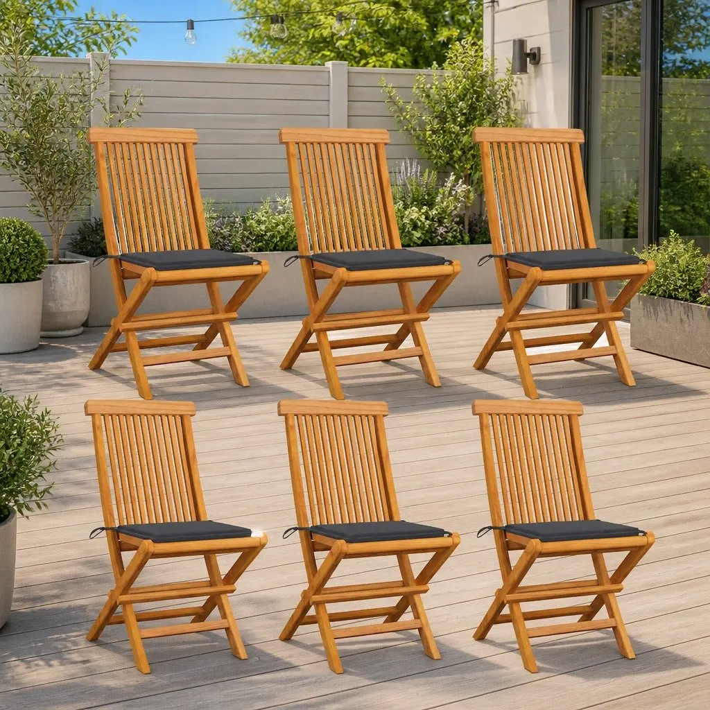 Set of 6 Folding Teak Garden Chairs with Cushions