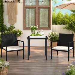 Black Poly Rattan 3 Piece Garden Dining Set with Cushions
