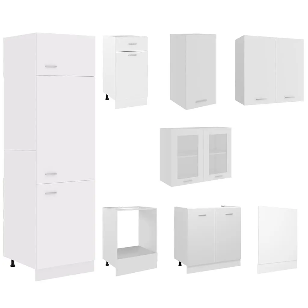 White Engineered Wood Kitchen Cabinet Set, 8 Pieces