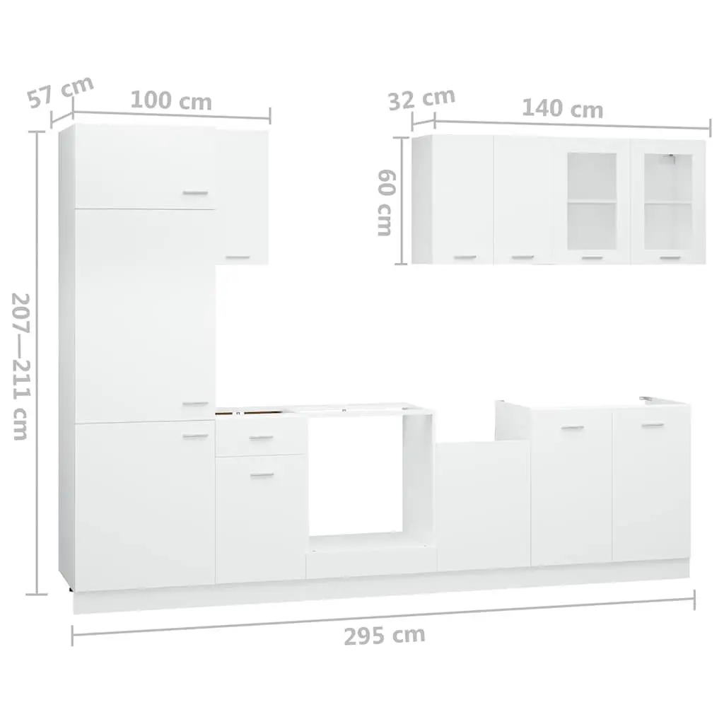 White Engineered Wood Kitchen Cabinet Set, 8 Pieces