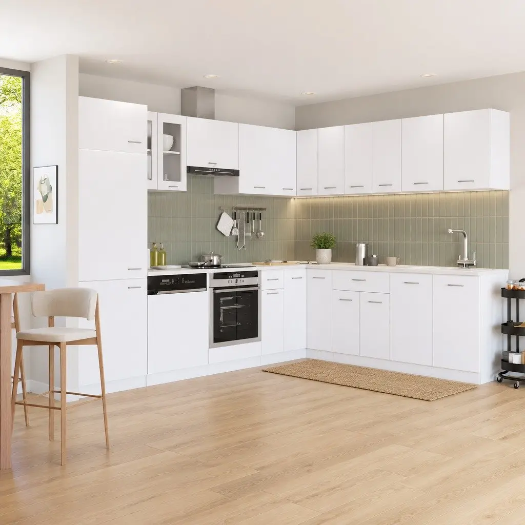 White Engineered Wood 14-Piece Kitchen Cabinet Set