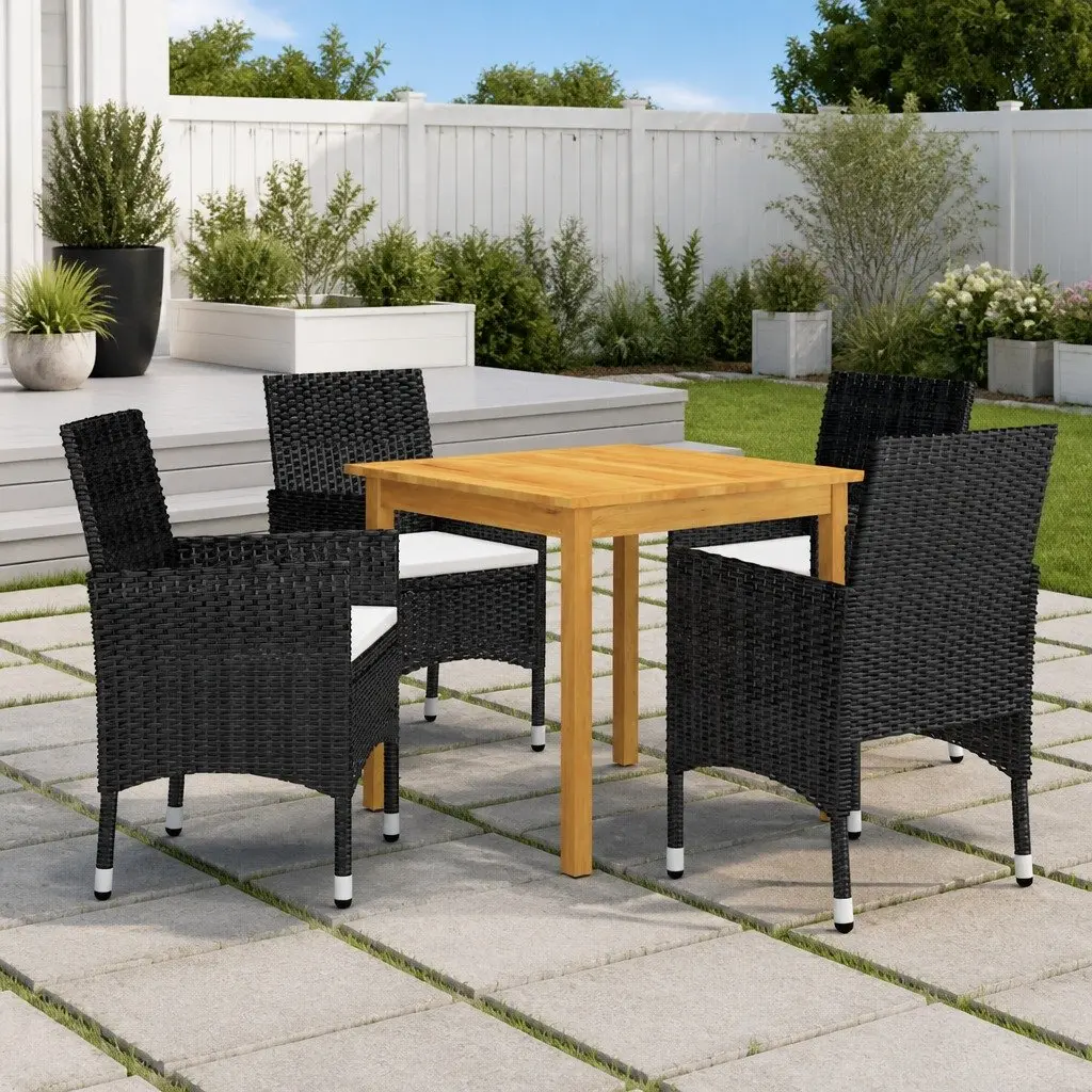 Garden Dining Set Solid Acacia Wood Powder-Coated Steel PE Rattan 5 Piece Black