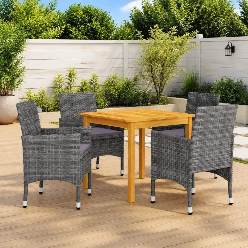 5 Piece Outdoor Dining Set Grey Rattan Chairs Acacia Wood Table