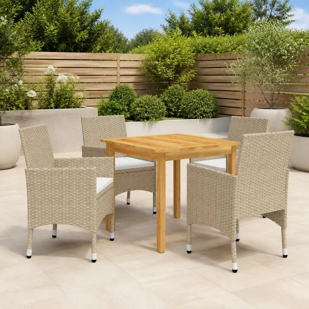 5 Piece Garden Dining Set with Beige Rattan and Acacia Table